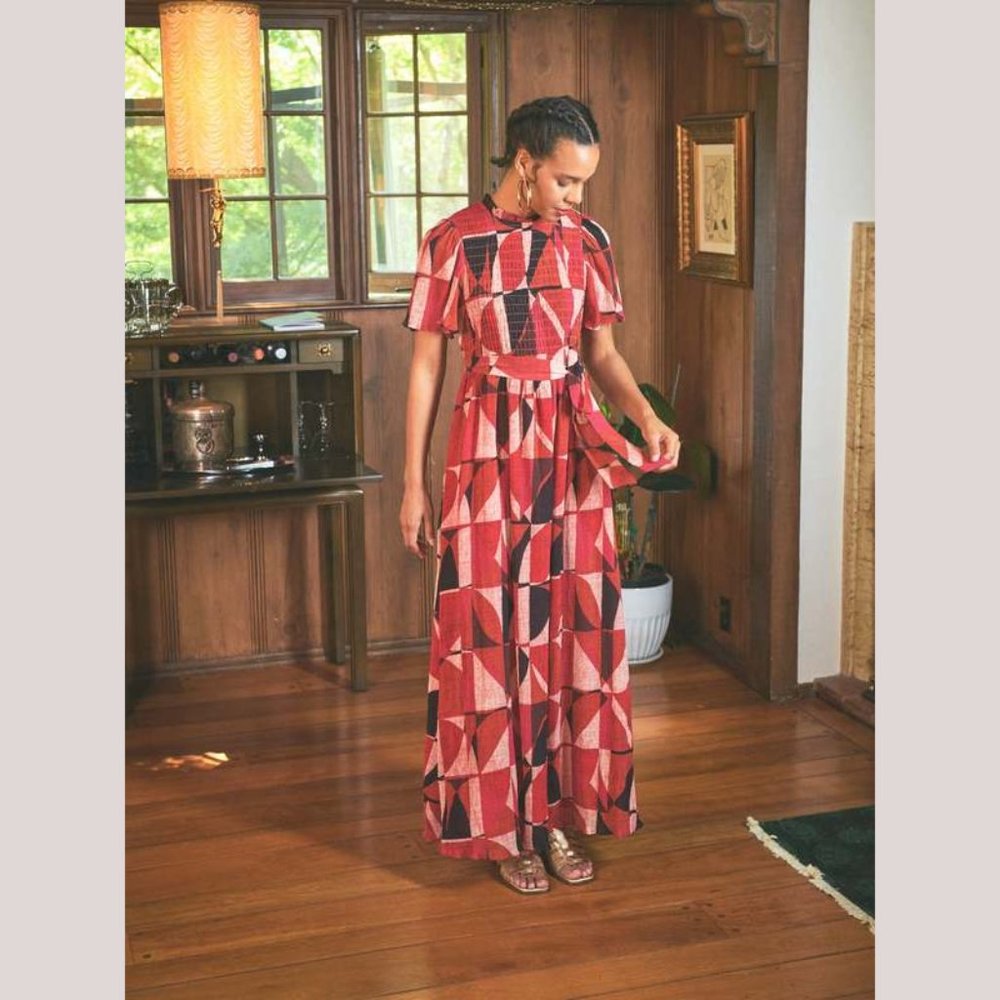 The Odells Marci maxi dress in red, pink & black "plaid." Size L. NWT.